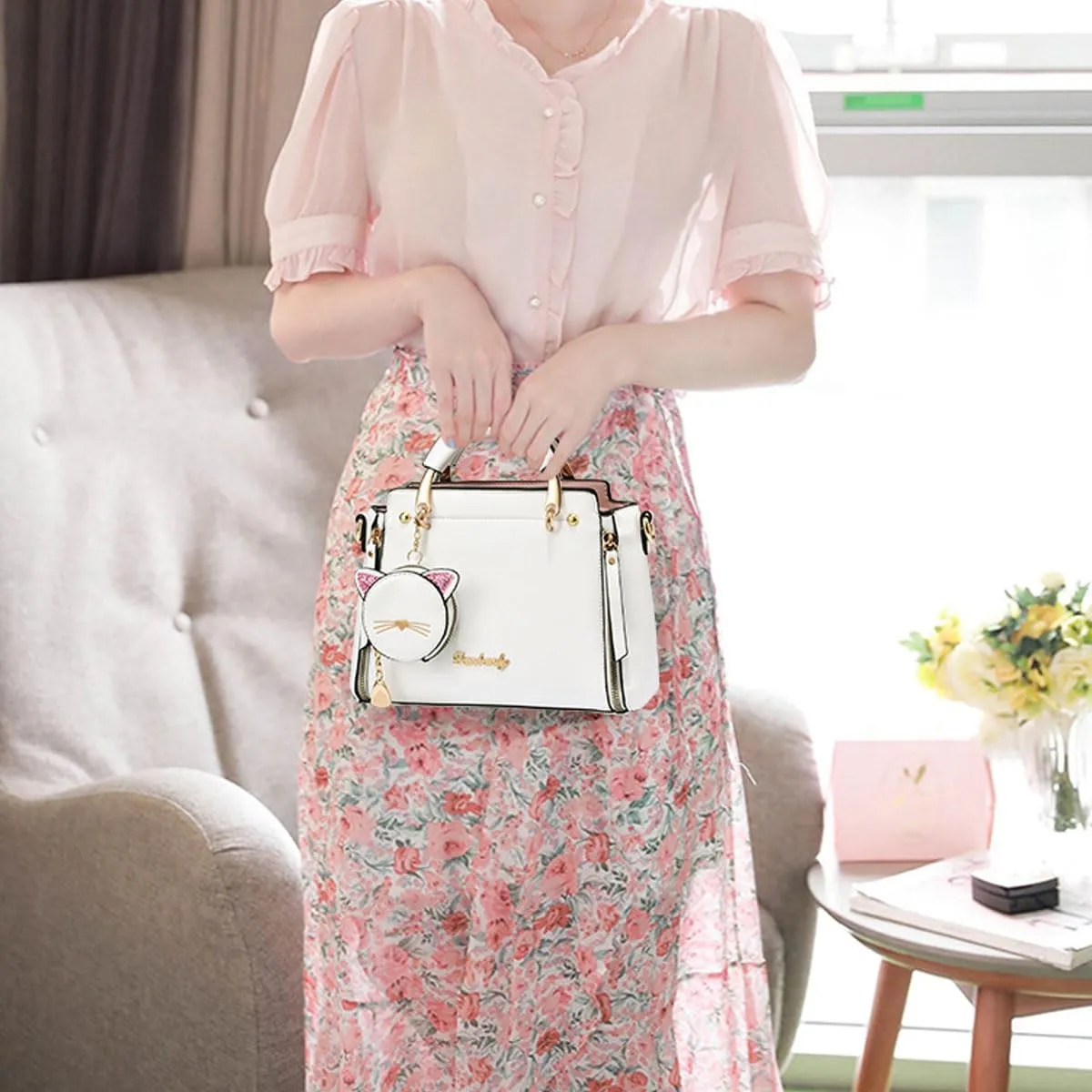 Women Fashion Handbag Luxury Designer Crossbody Purse Leather Satchel Shoulder Messenger Bag Tote with Cat Wallet