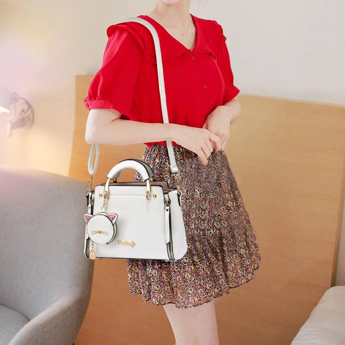 Women Fashion Handbag Luxury Designer Crossbody Purse Leather Satchel Shoulder Messenger Bag Tote with Cat Wallet