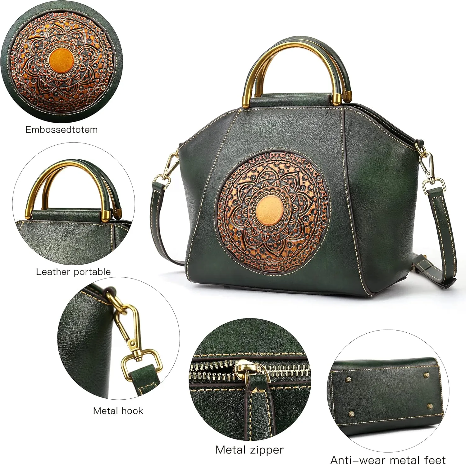 Women Genuine Leather Handbags, Organizer Retro Vegetable Tanning leather Satchel Vintage Embossing Totem Shoulder Bag