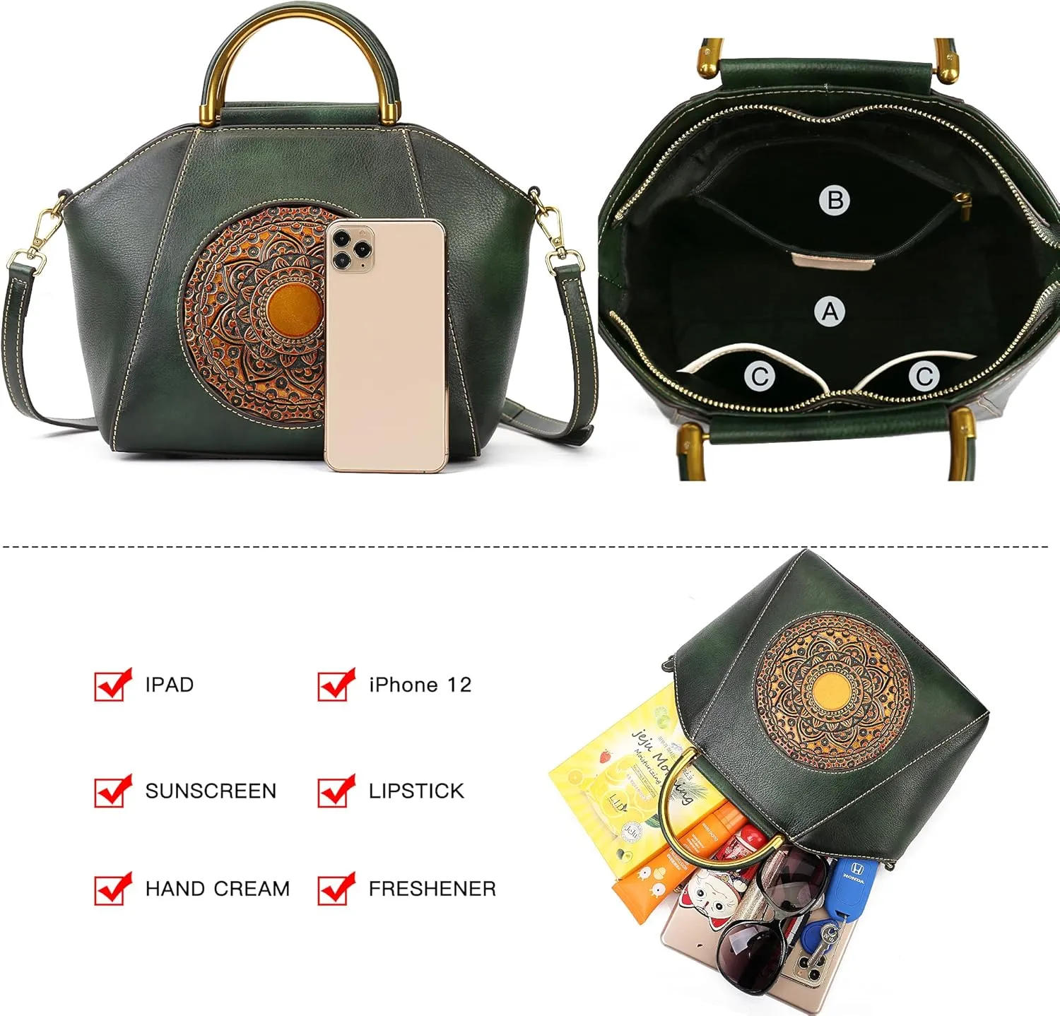 Women Genuine Leather Handbags, Organizer Retro Vegetable Tanning leather Satchel Vintage Embossing Totem Shoulder Bag