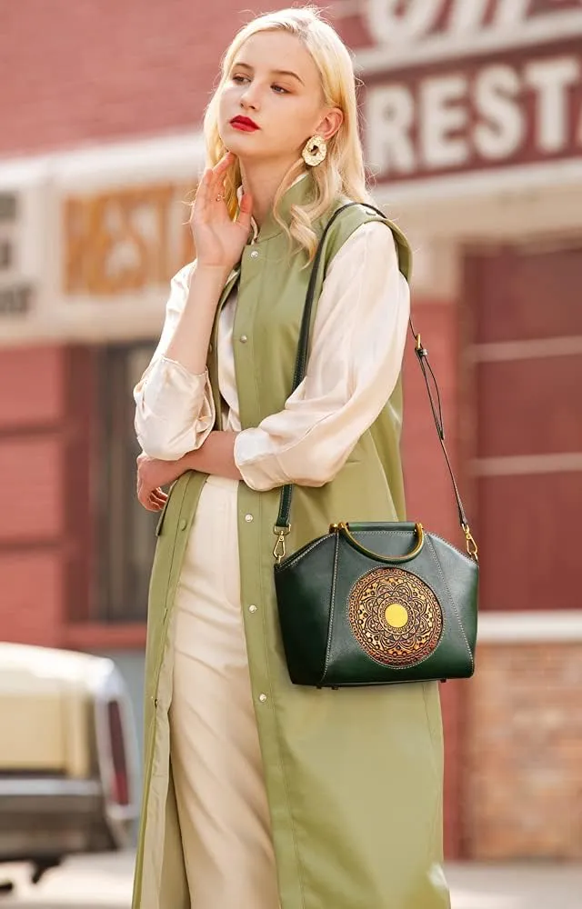 Women Genuine Leather Handbags, Organizer Retro Vegetable Tanning leather Satchel Vintage Embossing Totem Shoulder Bag
