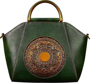 Women Genuine Leather Handbags, Organizer Retro Vegetable Tanning leather Satchel Vintage Embossing Totem Shoulder Bag