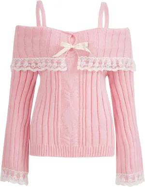 Women Kawaii Coquette Cold Shoulder Sweater Off Shoulder Contrast Lace Bow Front Cute Y2k Knitted Pullover Sweater