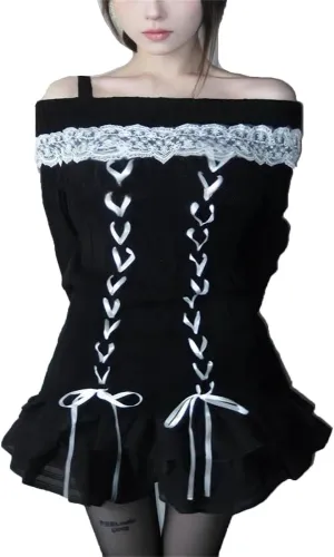 Women Kawaii Coquette Cold Shoulder Sweater Off Shoulder Contrast Lace Bow Front Cute Y2k Knitted Pullover Sweater