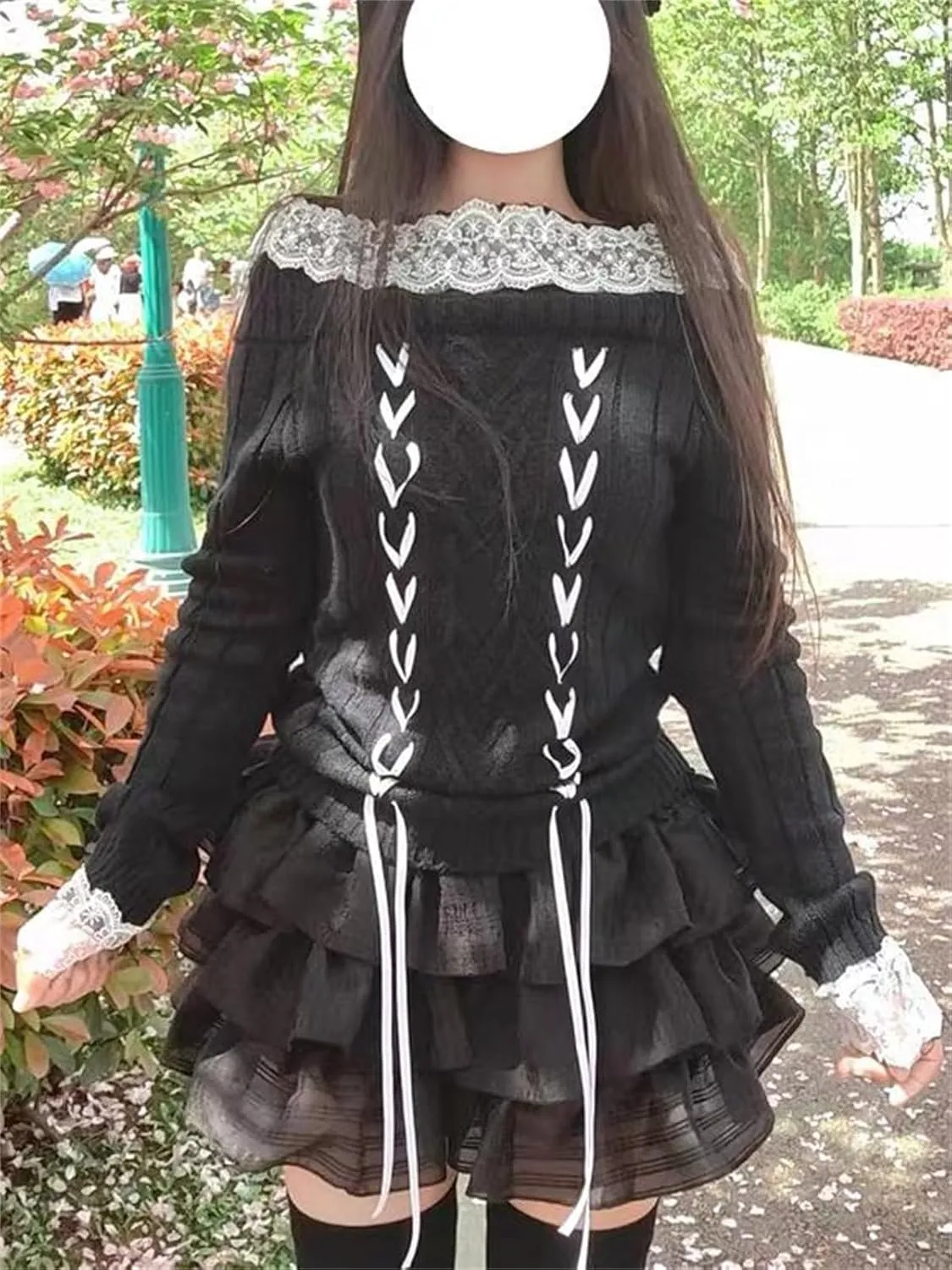 Women Kawaii Coquette Cold Shoulder Sweater Off Shoulder Contrast Lace Bow Front Cute Y2k Knitted Pullover Sweater