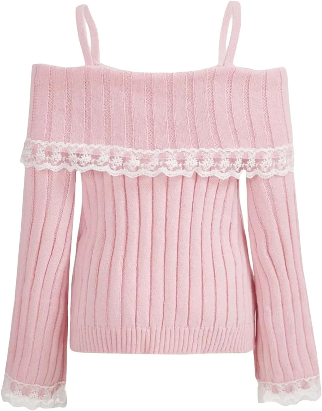 Women Kawaii Coquette Cold Shoulder Sweater Off Shoulder Contrast Lace Bow Front Cute Y2k Knitted Pullover Sweater