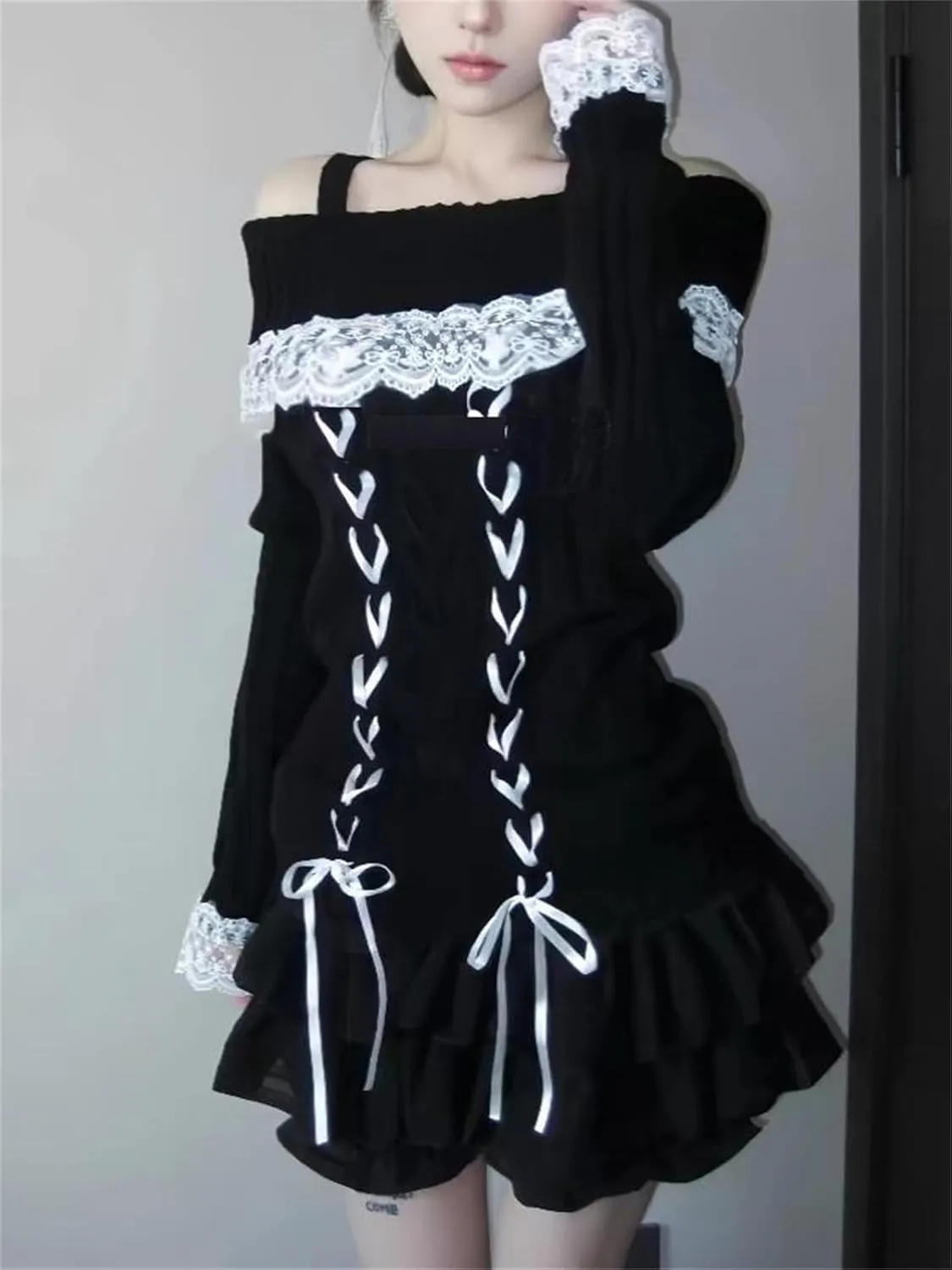 Women Kawaii Coquette Cold Shoulder Sweater Off Shoulder Contrast Lace Bow Front Cute Y2k Knitted Pullover Sweater