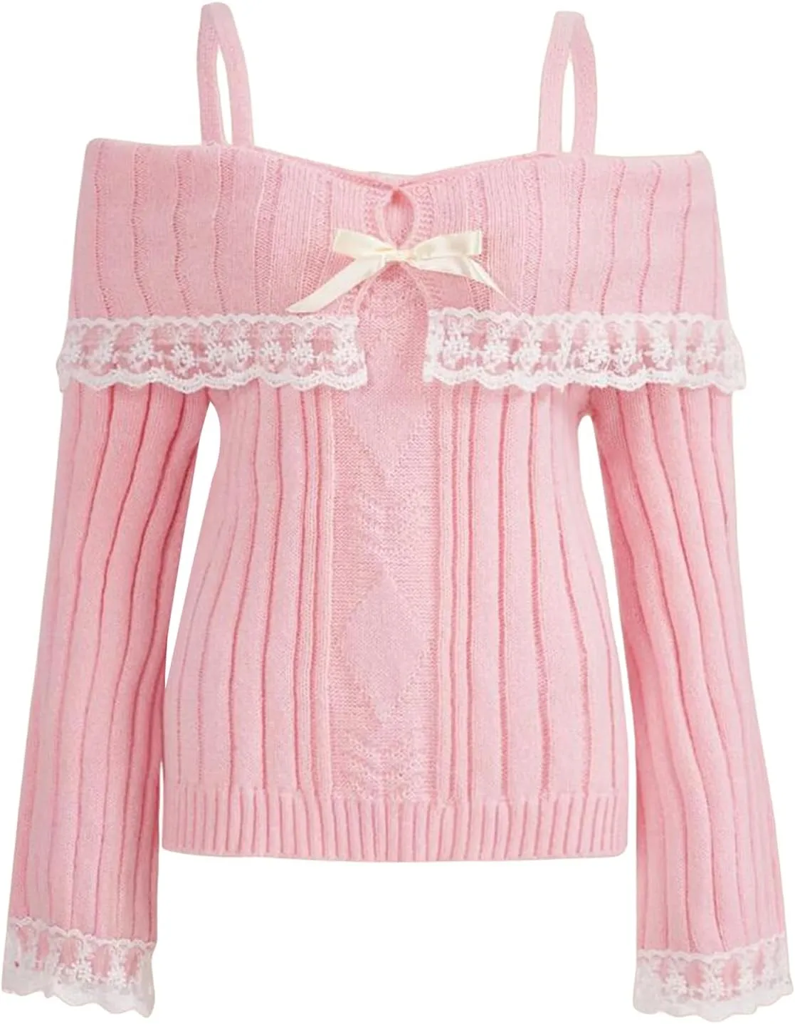 Women Kawaii Coquette Cold Shoulder Sweater Off Shoulder Contrast Lace Bow Front Cute Y2k Knitted Pullover Sweater