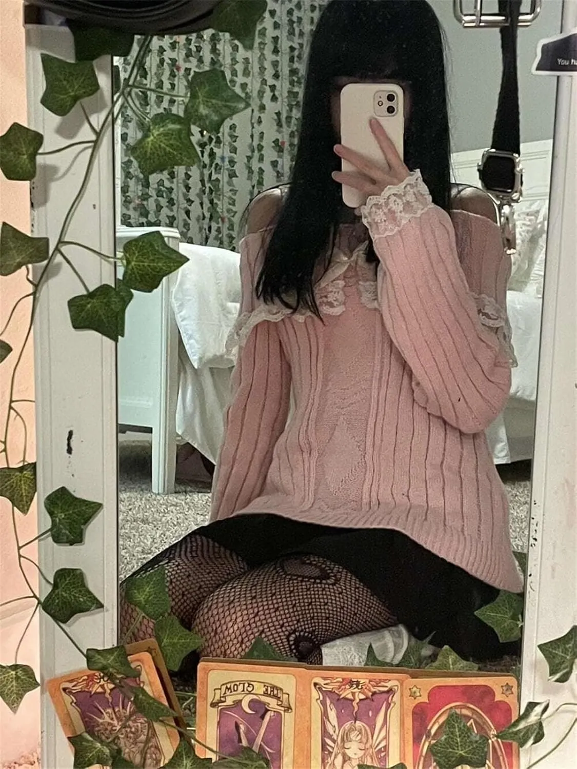 Women Kawaii Coquette Cold Shoulder Sweater Off Shoulder Contrast Lace Bow Front Cute Y2k Knitted Pullover Sweater
