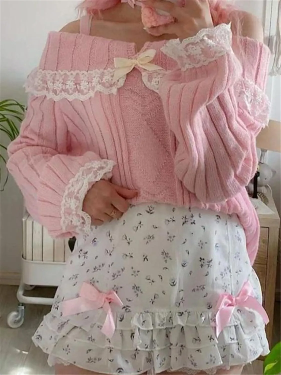 Women Kawaii Coquette Cold Shoulder Sweater Off Shoulder Contrast Lace Bow Front Cute Y2k Knitted Pullover Sweater