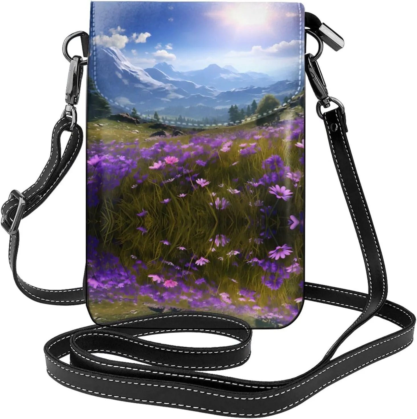 women leather Cell Phone Purse Nature Purple Flowers Meadow Mountain Scenic picture Multifunction,Soft, durable,Convenient for daily use and travel, Black, One Size
