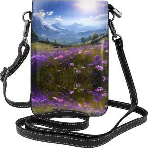 women leather Cell Phone Purse Nature Purple Flowers Meadow Mountain Scenic picture Multifunction,Soft, durable,Convenient for daily use and travel, Black, One Size