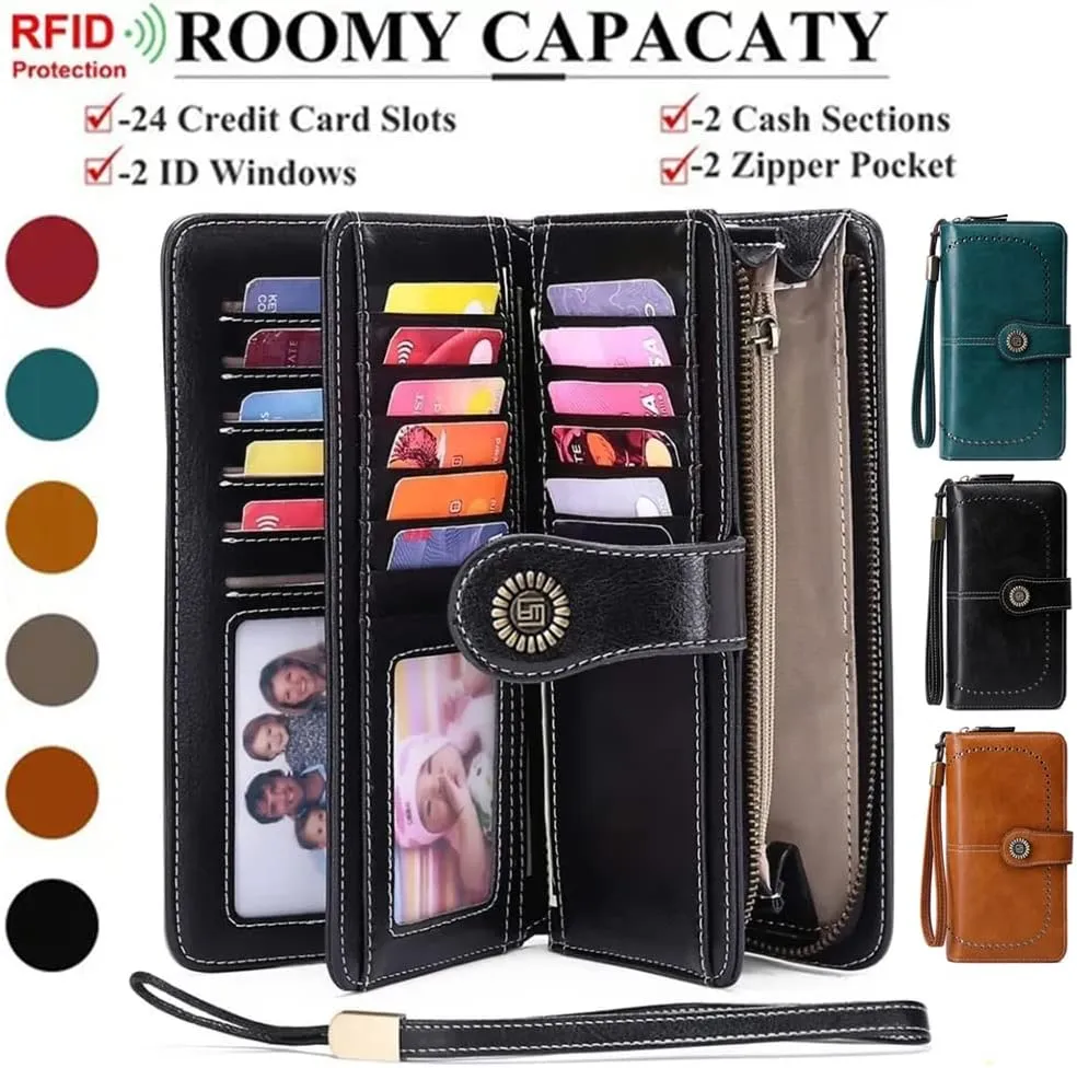 Women Leather Wallet Crossbody Shoulder Bag with Double Zipper and Mobile Phone Purse with Shoulder Strap