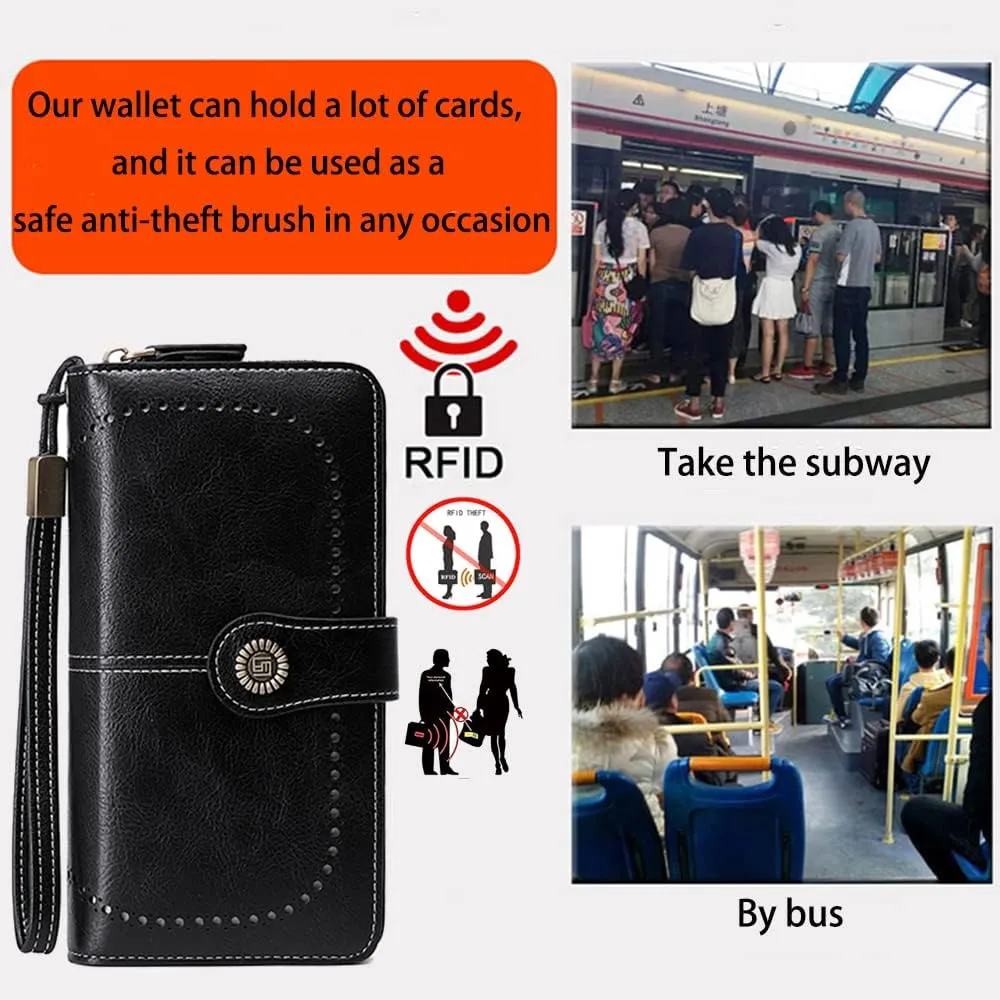Women Leather Wallet Crossbody Shoulder Bag with Double Zipper and Mobile Phone Purse with Shoulder Strap