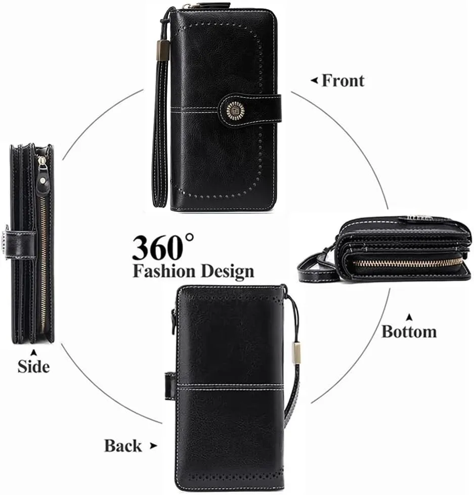 Women Leather Wallet Crossbody Shoulder Bag with Double Zipper and Mobile Phone Purse with Shoulder Strap