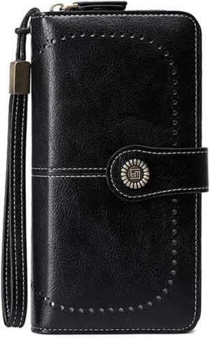 Women Leather Wallet Crossbody Shoulder Bag with Double Zipper and Mobile Phone Purse with Shoulder Strap