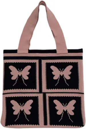 Women Shopping Shoulder Bag Knitted Woolen Yarn Weaving Purse Butterfly Print Handbag