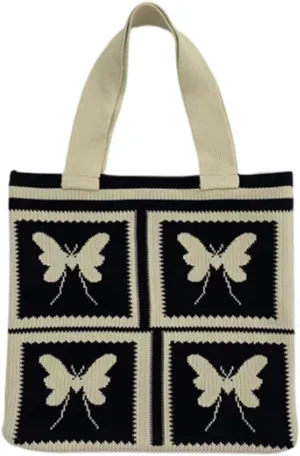 Women Shopping Shoulder Bag Knitted Woolen Yarn Weaving Purse Butterfly Print Handbag