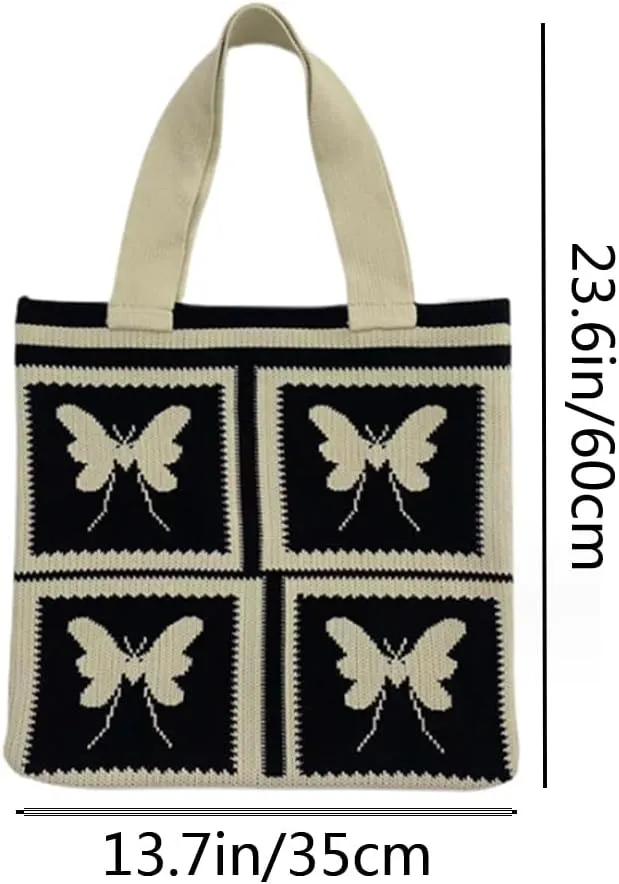 Women Shopping Shoulder Bag Knitted Woolen Yarn Weaving Purse Butterfly Print Handbag