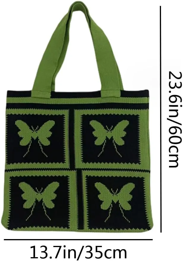 Women Shopping Shoulder Bag Knitted Woolen Yarn Weaving Purse Butterfly Print Handbag