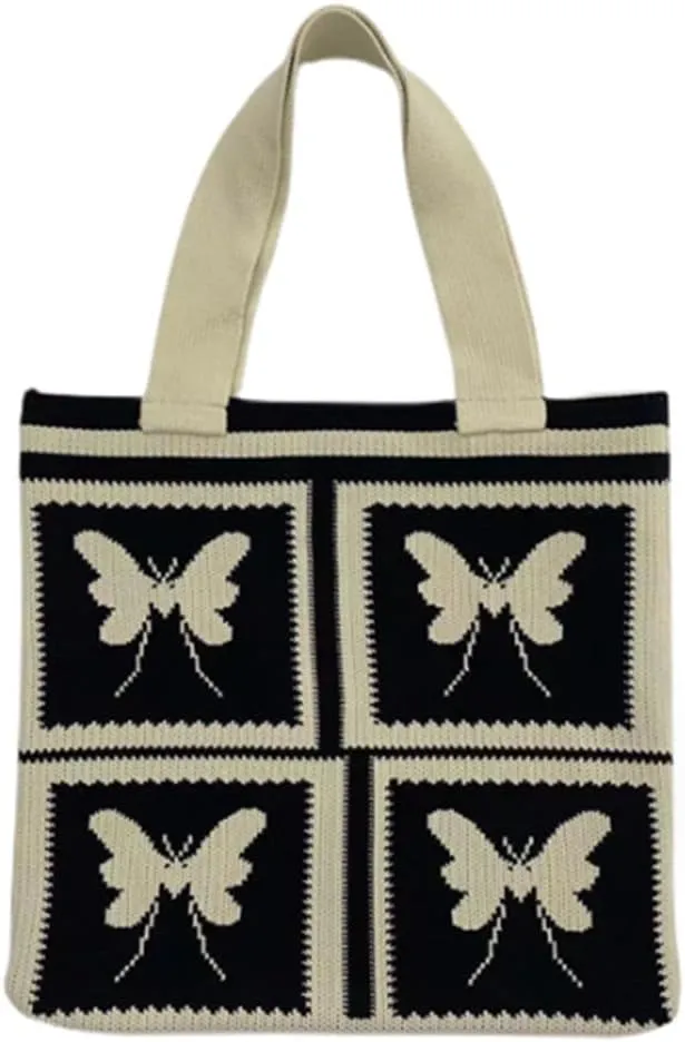 Women Shopping Shoulder Bag Knitted Woolen Yarn Weaving Purse Butterfly Print Handbag