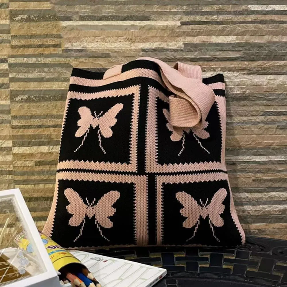 Women Shopping Shoulder Bag Knitted Woolen Yarn Weaving Purse Butterfly Print Handbag