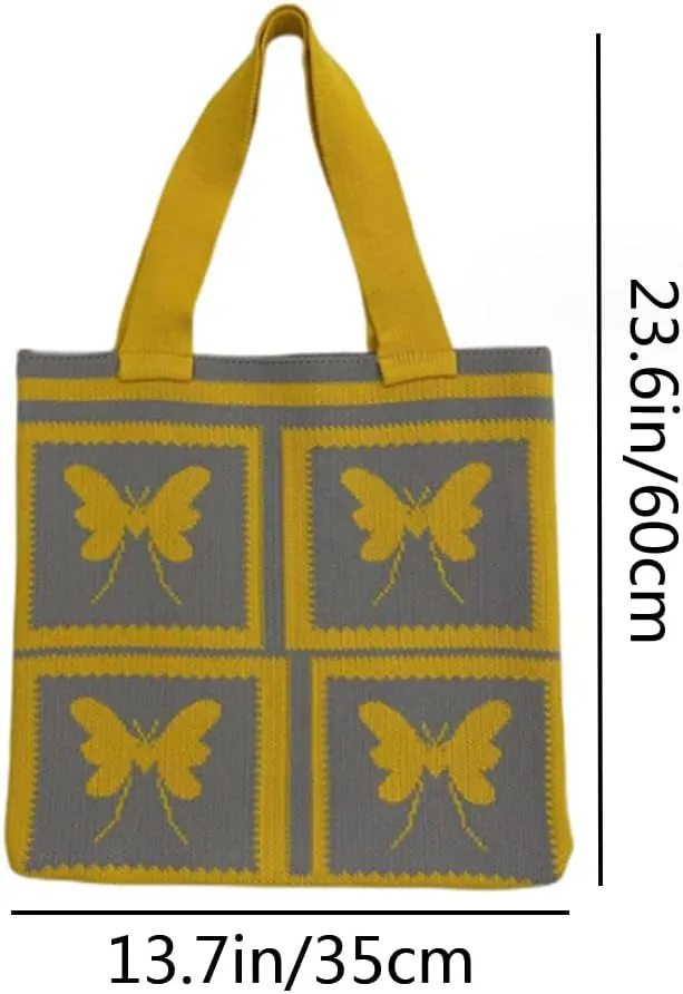Women Shopping Shoulder Bag Knitted Woolen Yarn Weaving Purse Butterfly Print Handbag