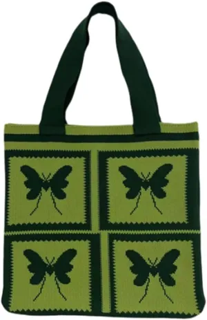 Women Shopping Shoulder Bag Knitted Woolen Yarn Weaving Purse Butterfly Print Handbag