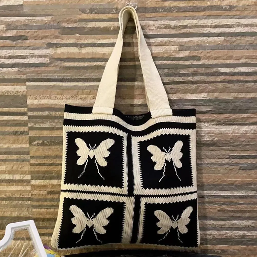 Women Shopping Shoulder Bag Knitted Woolen Yarn Weaving Purse Butterfly Print Handbag