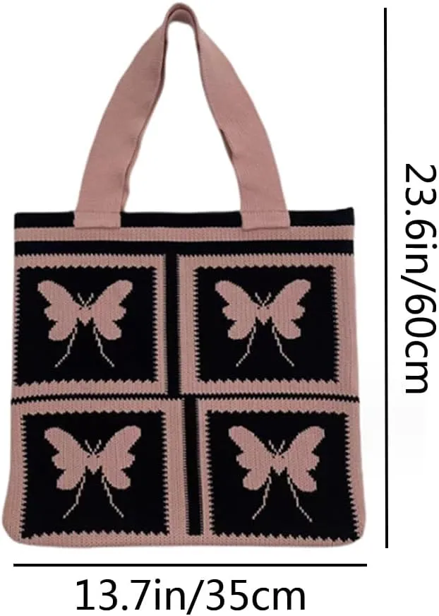 Women Shopping Shoulder Bag Knitted Woolen Yarn Weaving Purse Butterfly Print Handbag
