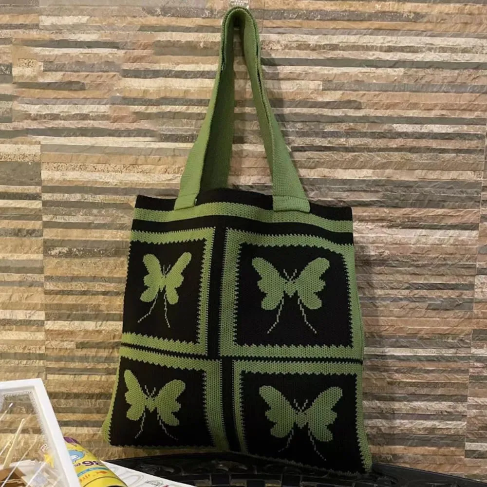 Women Shopping Shoulder Bag Knitted Woolen Yarn Weaving Purse Butterfly Print Handbag