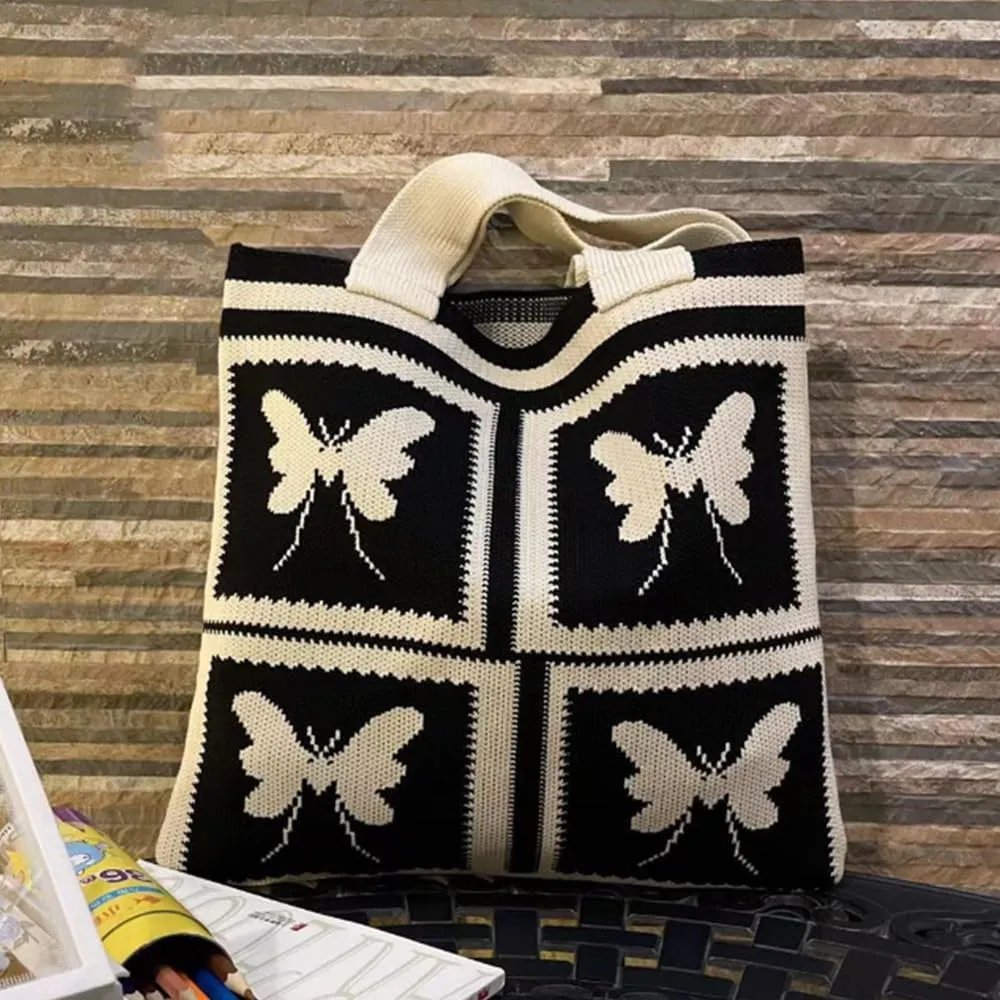 Women Shopping Shoulder Bag Knitted Woolen Yarn Weaving Purse Butterfly Print Handbag