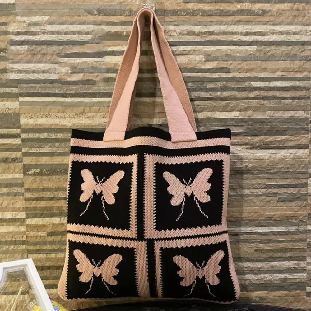 Women Shopping Shoulder Bag Knitted Woolen Yarn Weaving Purse Butterfly Print Handbag