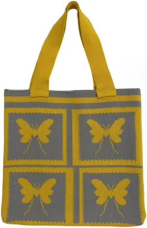 Women Shopping Shoulder Bag Knitted Woolen Yarn Weaving Purse Butterfly Print Handbag