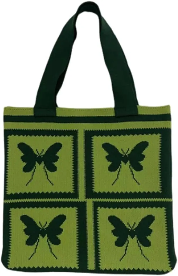 Women Shopping Shoulder Bag Knitted Woolen Yarn Weaving Purse Butterfly Print Handbag