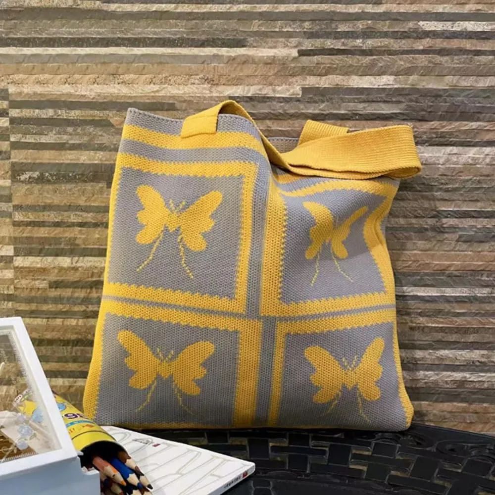 Women Shopping Shoulder Bag Knitted Woolen Yarn Weaving Purse Butterfly Print Handbag
