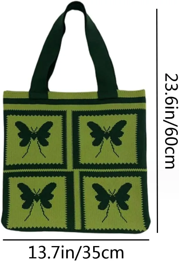 Women Shopping Shoulder Bag Knitted Woolen Yarn Weaving Purse Butterfly Print Handbag