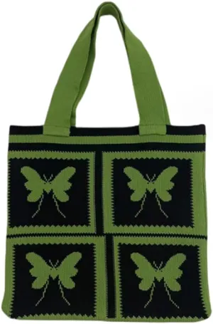 Women Shopping Shoulder Bag Knitted Woolen Yarn Weaving Purse Butterfly Print Handbag