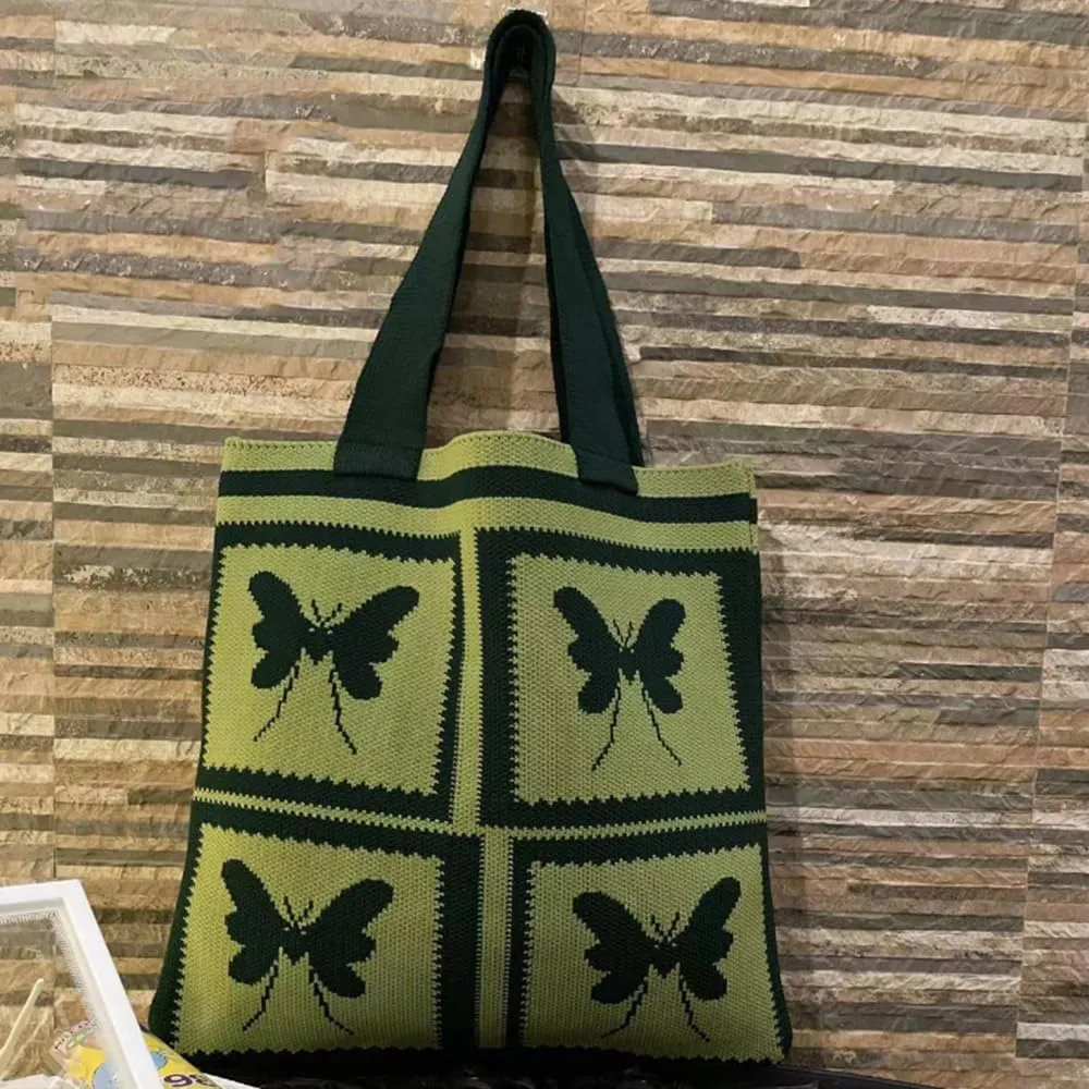 Women Shopping Shoulder Bag Knitted Woolen Yarn Weaving Purse Butterfly Print Handbag
