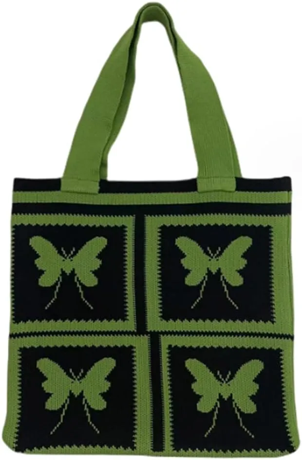 Women Shopping Shoulder Bag Knitted Woolen Yarn Weaving Purse Butterfly Print Handbag