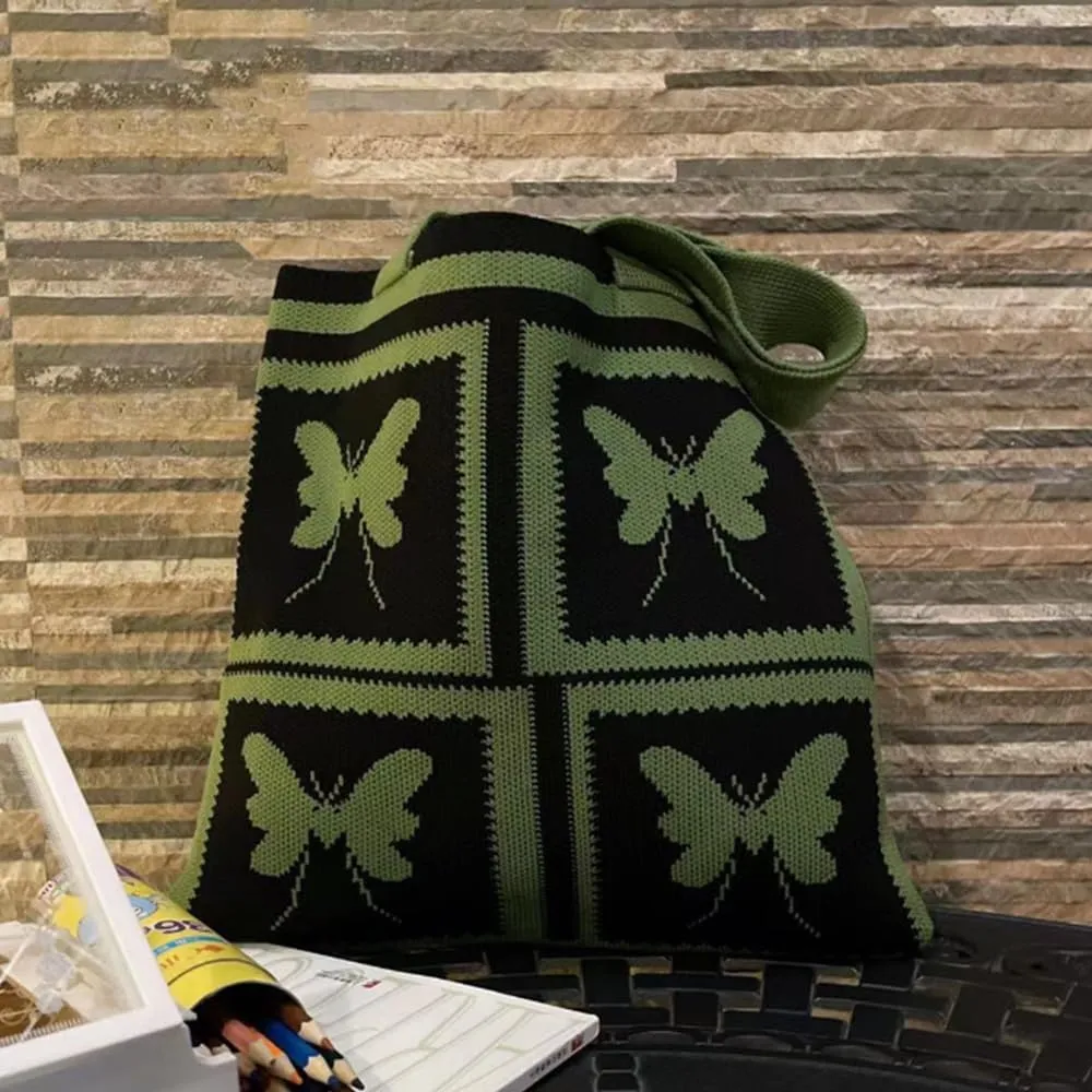 Women Shopping Shoulder Bag Knitted Woolen Yarn Weaving Purse Butterfly Print Handbag