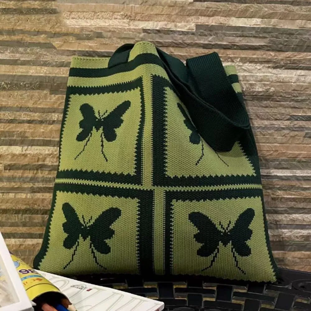 Women Shopping Shoulder Bag Knitted Woolen Yarn Weaving Purse Butterfly Print Handbag