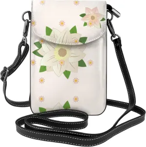 women Small Cell Phone Purse Blooming Hexagonal White Prints Soft, durable and waterproof PU leather Convenient for daily use and travel