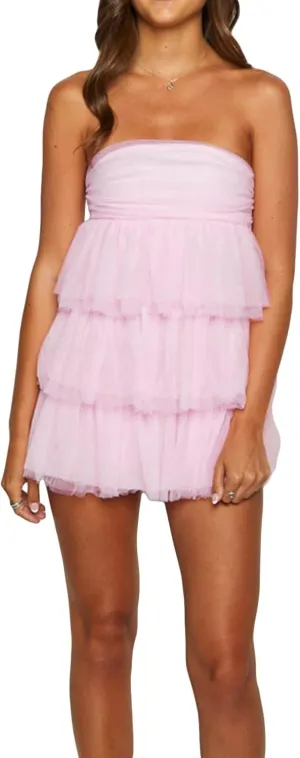 Women Strapless Tulle Puffy Mini Dresses Off Shoulder Layered Ruffle Hem Cake Dress Solid Color Princess Dress