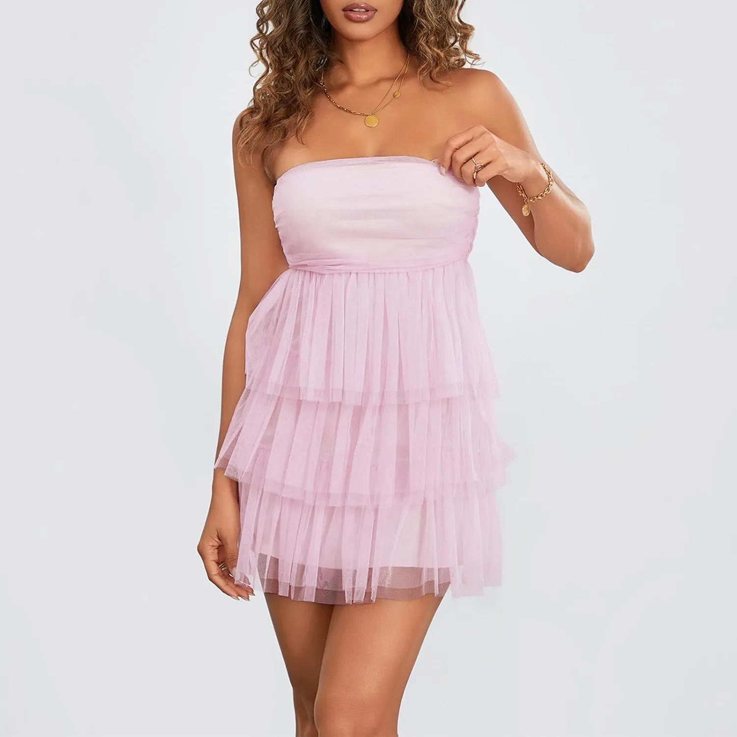 Women Strapless Tulle Puffy Mini Dresses Off Shoulder Layered Ruffle Hem Cake Dress Solid Color Princess Dress