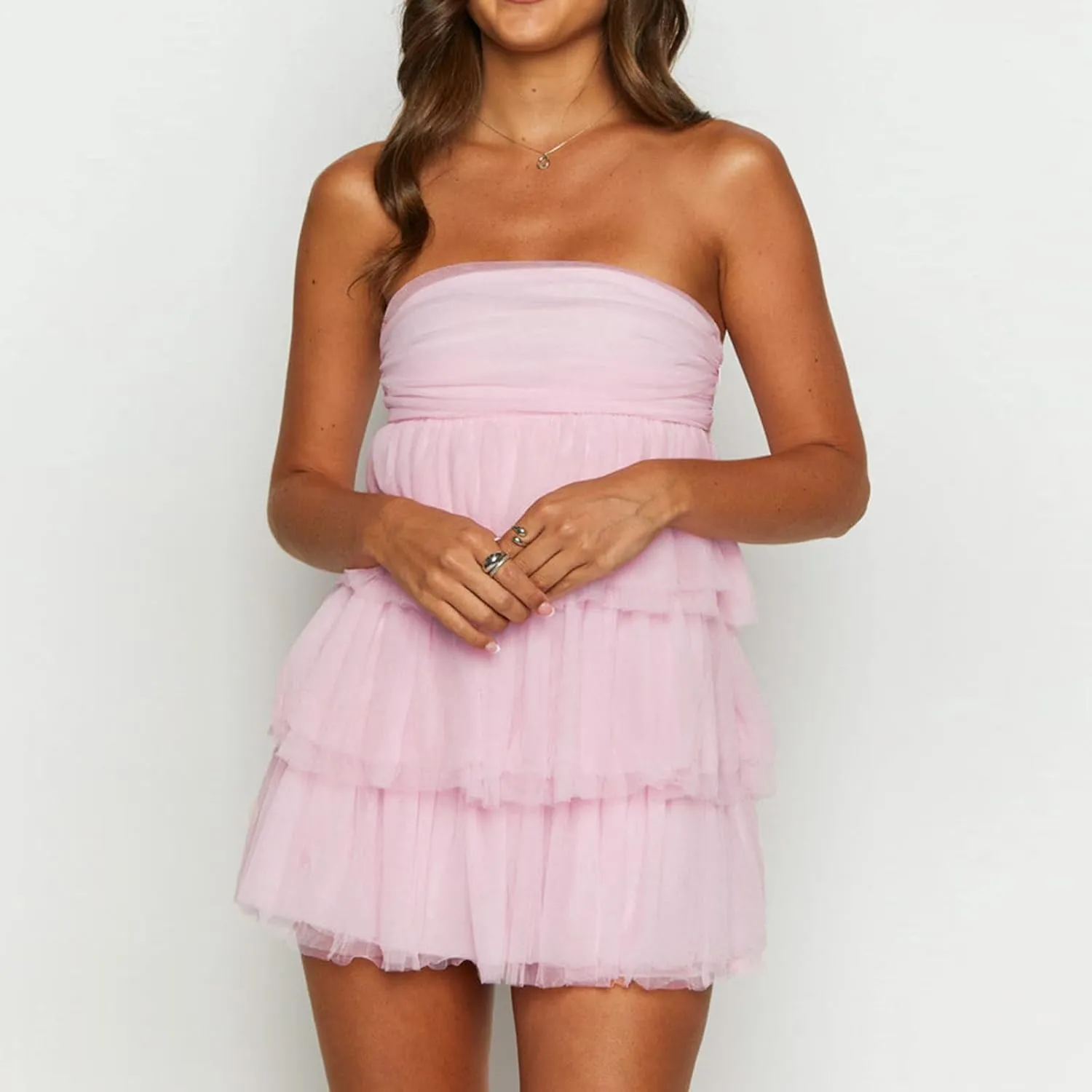 Women Strapless Tulle Puffy Mini Dresses Off Shoulder Layered Ruffle Hem Cake Dress Solid Color Princess Dress