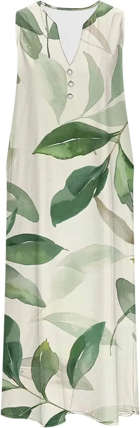 Women Sundresses Plus Size Floral High Waist Sleeveless Flowy A Line Midi Dresses Loose Boho Dress with Pockets