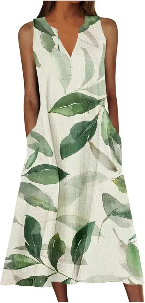 Women Sundresses Plus Size Floral High Waist Sleeveless Flowy A Line Midi Dresses Loose Boho Dress with Pockets