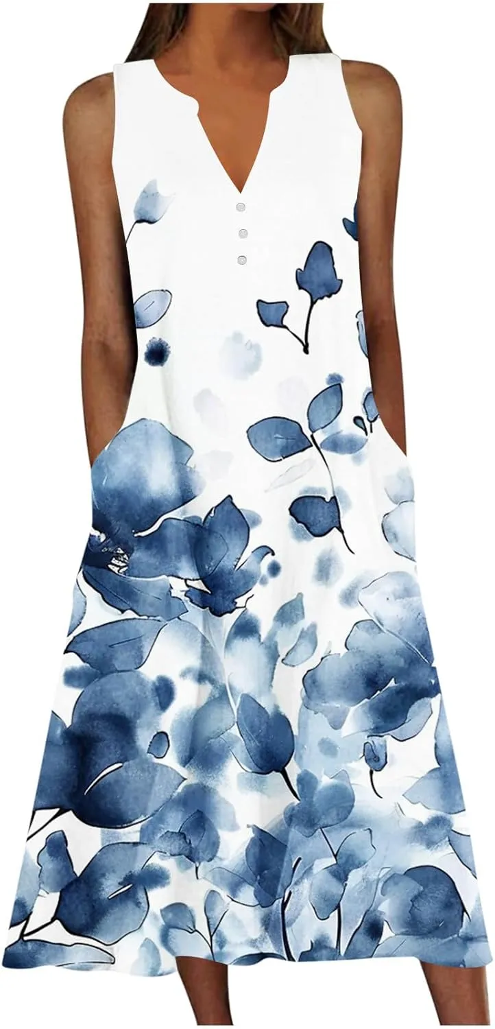 Women Sundresses Plus Size Floral High Waist Sleeveless Flowy A Line Midi Dresses Loose Boho Dress with Pockets