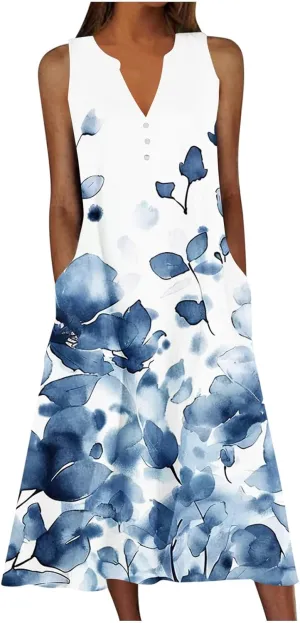 Women Sundresses Plus Size Floral High Waist Sleeveless Flowy A Line Midi Dresses Loose Boho Dress with Pockets
